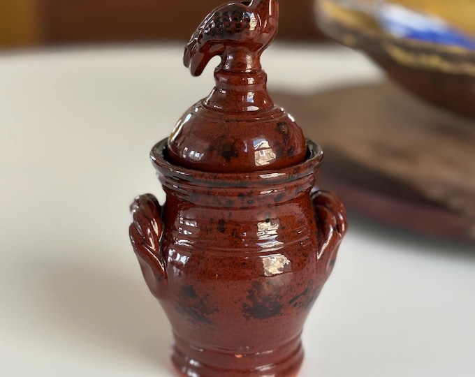 2000 Signed Foltz Redware Mini Lidded Jar with Bird Finial, Sponge Glaze *Repaired