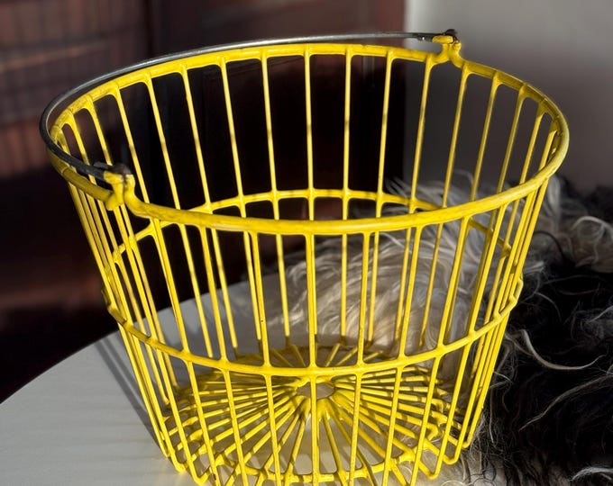 1960s Large Yellow Rubber Coated Egg Basket 14” Wide