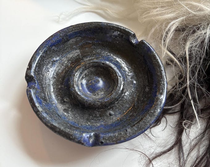 1989 Signed Cobalt Blue & Black Lava Glazed Studio Pottery Ashtray