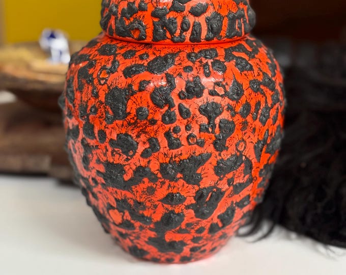 1976 Signed Orange Fat Lava Jar/Vase w Lid 8” Tall, Rare