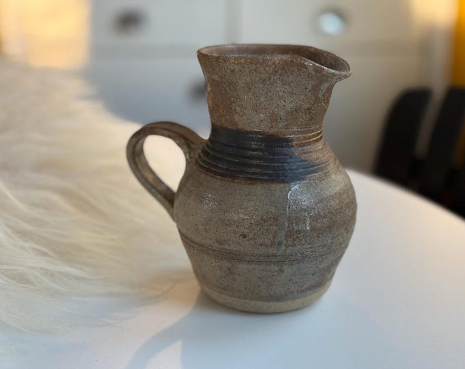 Signed Primitive Clay Pitcher/Creamer in Grey & Brown