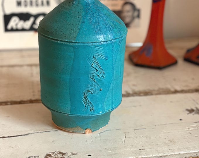 1960s Turquoise Matte Stoneware Vase 9.25”, Signed