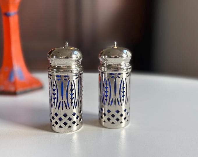 1950s Imprisoned Cobalt Glass Salt & Pepper Shakers, Silver Plated