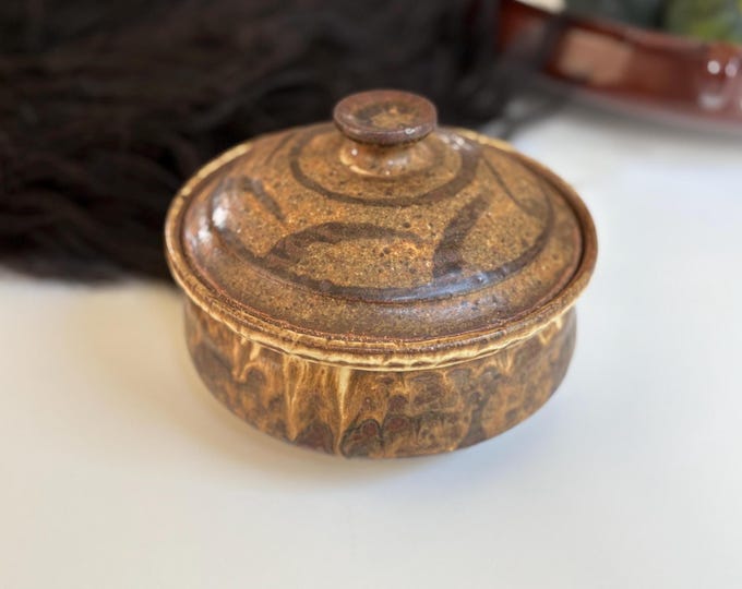 1970s Brown Stoneware Kitchen Crock w/ Lid, Small