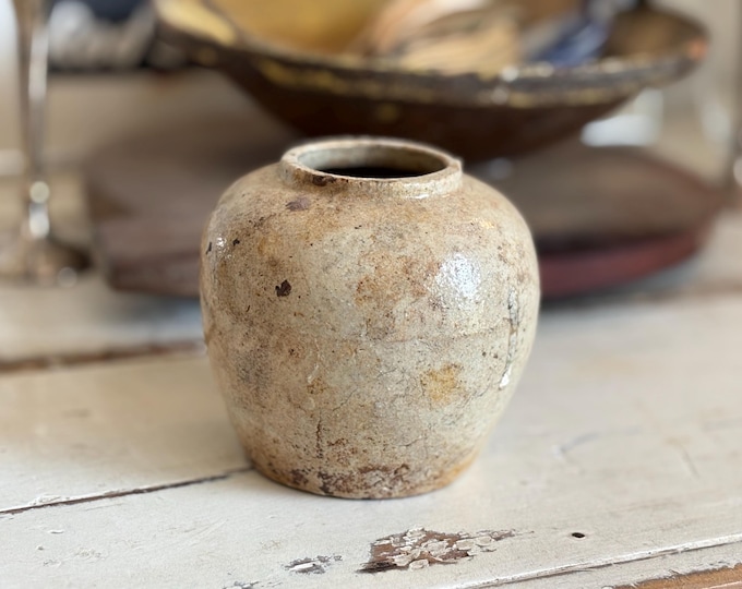 Early 1900s Primitive Salt Glazed Small Stoneware Vase, Unmarked