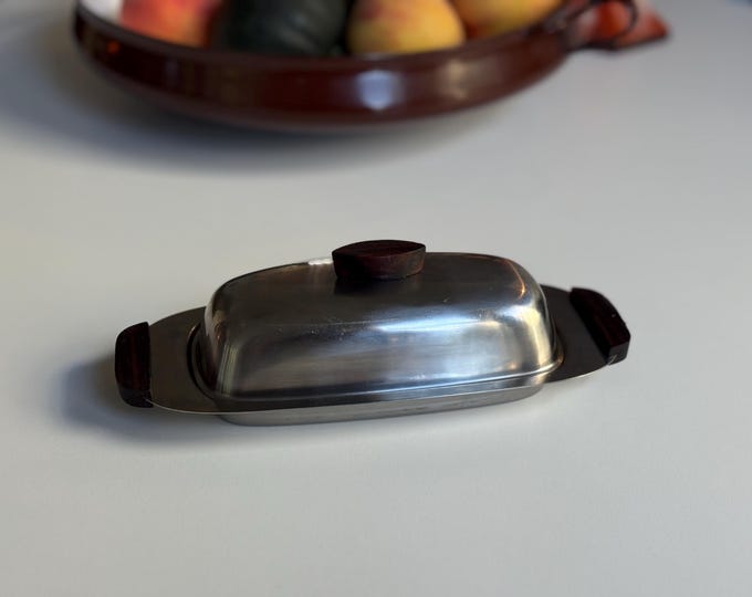 MCM Stewart’s Stainless Butter Dish w/ Teak Wood Accents