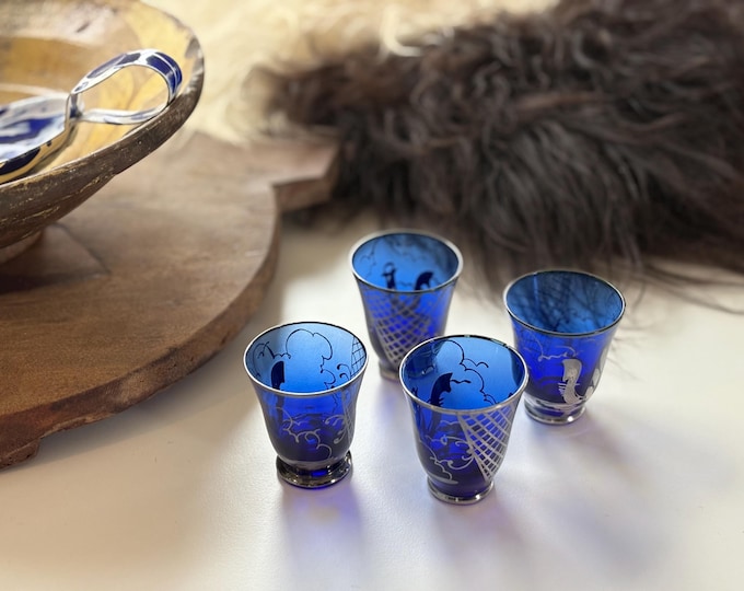 1930s Venetian Cobalt Shot Glasses w/ Silver Overlay, Set of 4