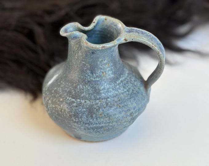 70s Blue Stoneware Creamer, Small Pitcher