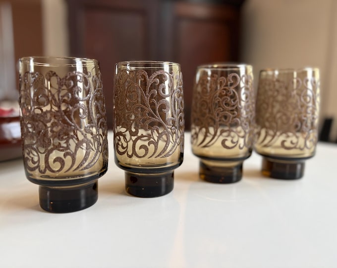 1960s Libbey Prada Mediterranean Tawny Brown 16oz Tumblers, Set of 4