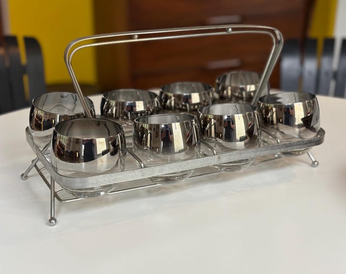 1960s Dorothy Thorpe Chrome Glass Tumblers w/ Original Caddy Set of 8