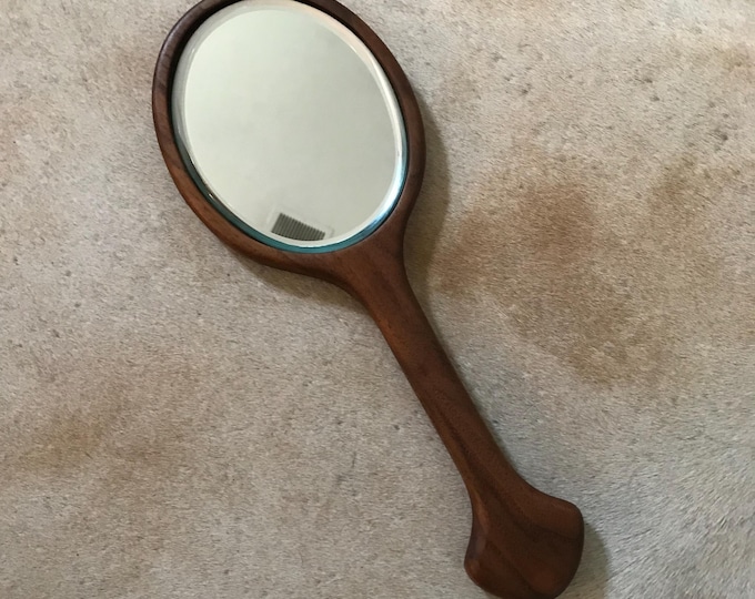 80s MCM Studio Made Walnut Wood Hand Mirror