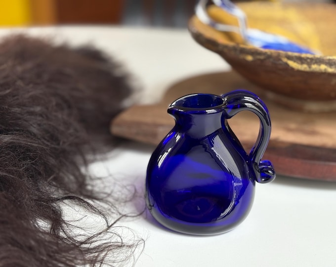 Signed W. Shelton Hand Blown Cobalt Pinched Glass Creamer, Small