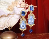 Baroque Blue Vase Tile Print Cameo Studs Earrings