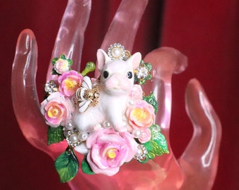 Vintage Style Baroque Vivid French Bulldog Huge  Adjustable Cocktail Ring