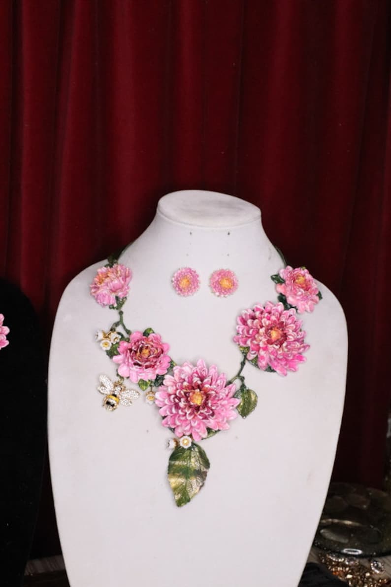 Set Of Fuchsia Hand Painted Vivid Asters Bee Lily Of The Valley Unique Necklace Earrings