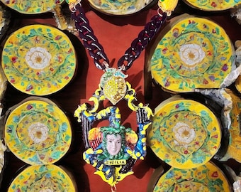 Whimsical Trinacria in Caltagirone  With Lemons Statement Necklace