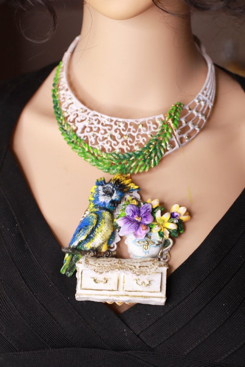 Joyería de arte Efecto 3D Adorable Loro Ventana Flor Pod Collar Colgante imagen 3