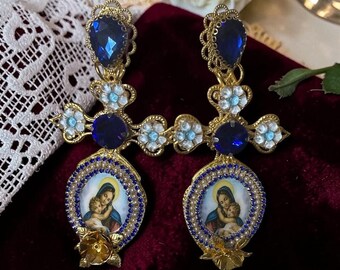 Virgin Mary Blue Long Cameo Religious Cross Studs Earrings