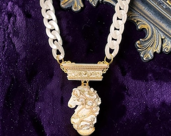 Unisex Baroque Chess White Knight Massive 3D Effect Necklace