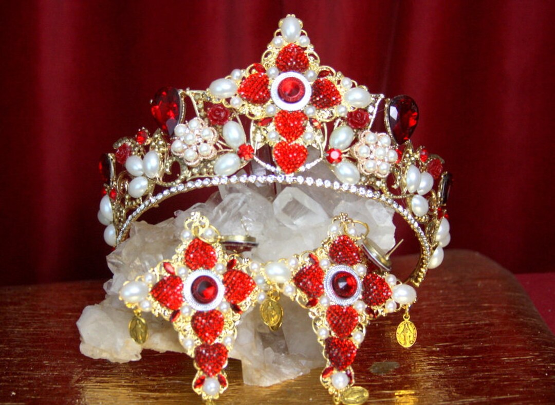 Baroque Rocooco Gold Filigree Cross Red Pearl Crystal Tiara  display picture 1