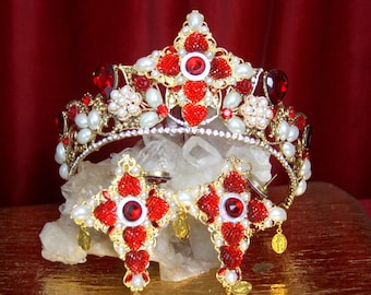Baroque Rocooco  Gold Filigree Cross Red Pearl Crystal Tiara Crown
