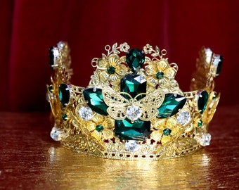 Baroque Runway Green Crystal  Gold Flower  Leaf Gold Crown Headband