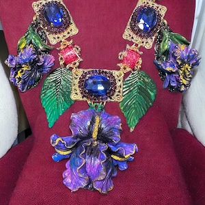 Huge Hand Painted Vivid Purple Iris Art Nouveau Unusual Huge Necklace