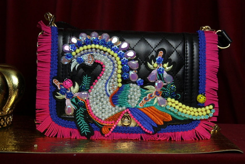 Black Peacock Embellished Crossbody Handbag Etsy