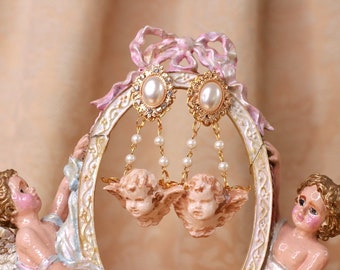 Baroque Hanging Vintage Style Gold  Cherubs Angels  Studs Earrings