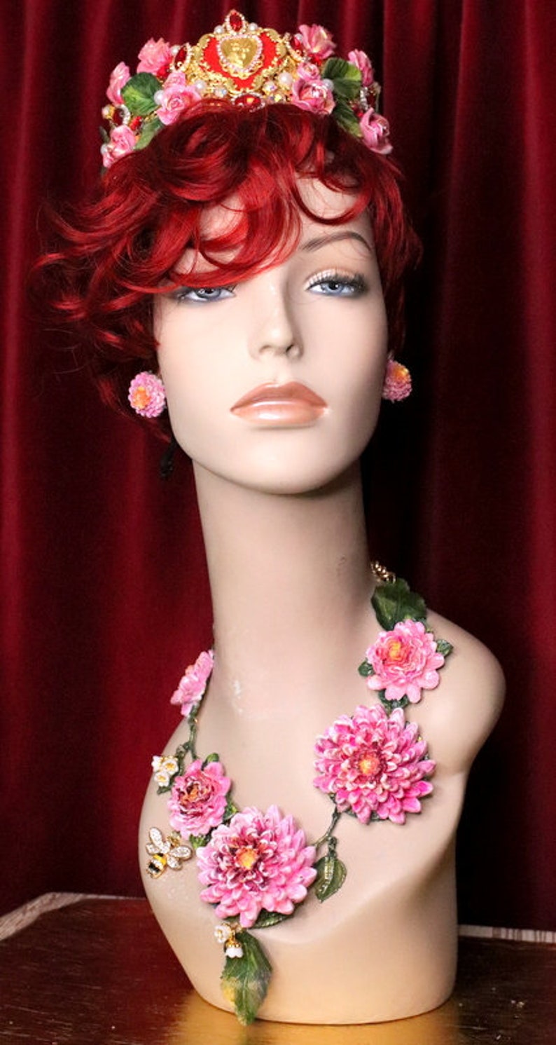 Set Of Fuchsia Hand Painted Vivid Asters Bee Lily Of The Valley Unique Necklace Earrings