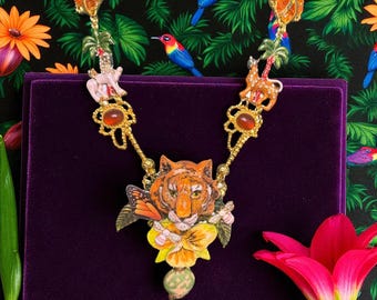 Art Jewelry Genuine Tiger Eye Enamel Hand Painted  Huge Necklace