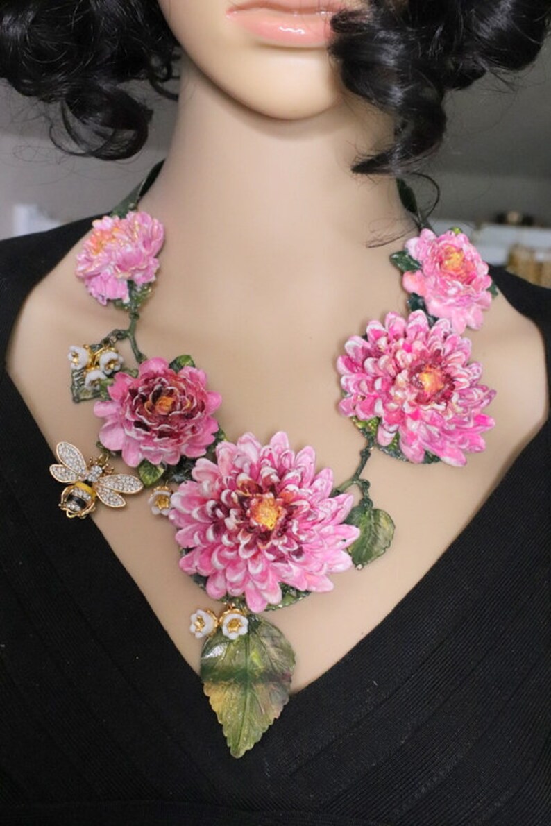 Set Of Fuchsia Hand Painted Vivid Asters Bee Lily Of The Valley Unique Necklace Earrings