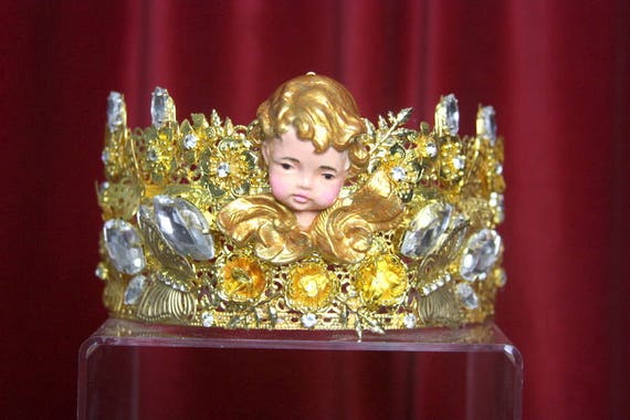 Alta Moda Putti Clear Crystal Baroque Rocooco Gold Cherub Angel Crown Tiara