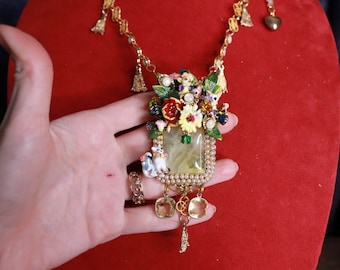 Genuine Prehnite Gemstones Enamel Cats Necklace Pendant