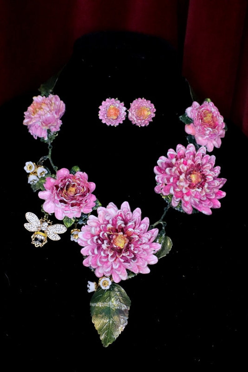 Set Of Fuchsia Hand Painted Vivid Asters Bee Lily Of The Valley Unique Necklace Earrings