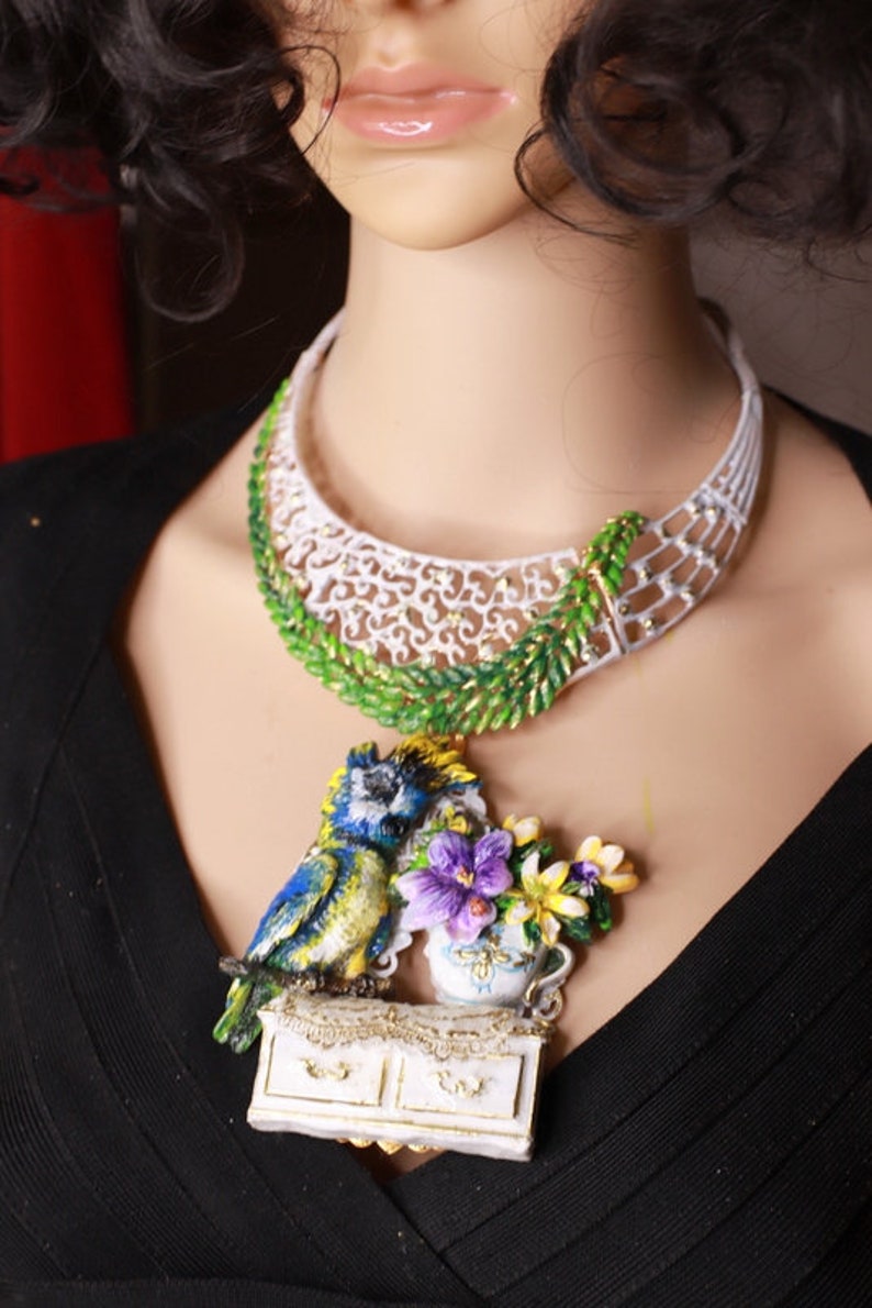 Joyería de arte Efecto 3D Adorable Loro Ventana Flor Pod Collar Colgante imagen 2