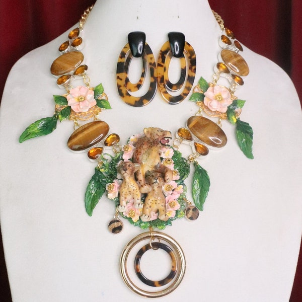 Set Of Art Jewelry Genuine Tiger Eye Gemstones Leopards Family Hand Painted  Huge Necklace+ Earrings