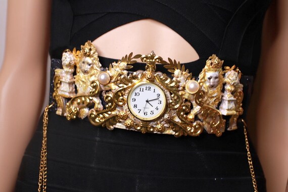 Gold Tone Lion Coin Medallion Belt Statement Classic Waist Belt Baroque Style Baroque Medieval Lions Gold Massive Wide Waist Elastic Belt  main image 3