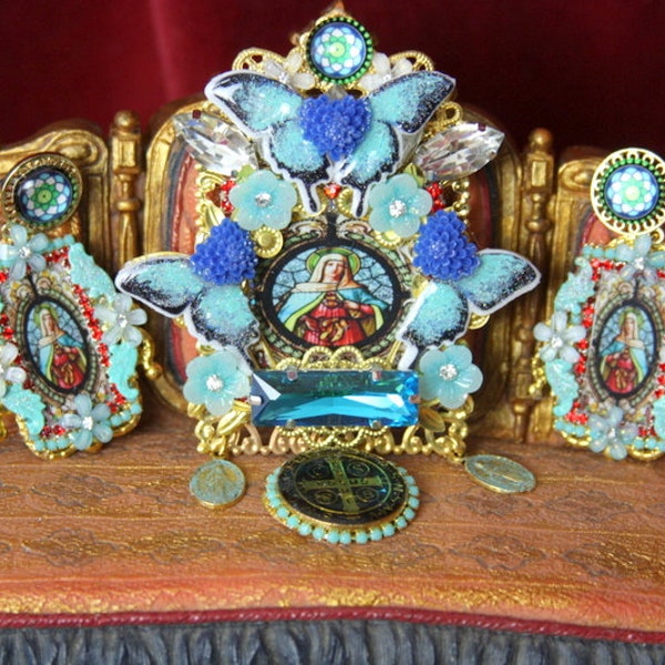 Set Of  Butterfly Stain Glass Image  Madonna Virgin Genuine  Huge Brooch+ Earrings