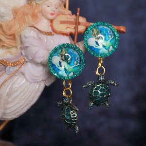 Nautical Mermaid Cameo Turtle Studs Earrings