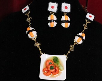 Set Of 3D Effect Unusual Japanese Suchi Necklace+ Earrings