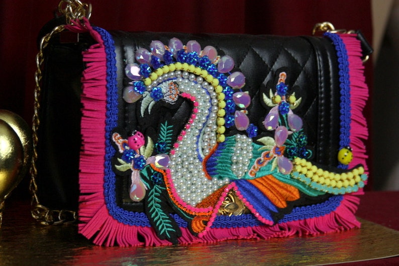 Black Peacock Embellished Crossbody Handbag Etsy