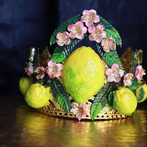 Sicilian Lemon Fruit Hand Painted Flower Crystal Crown Tiara Headband