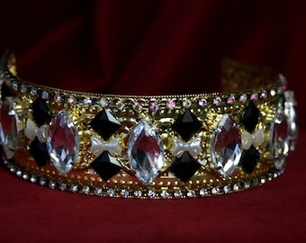 Art Deco  Gold Filigree Black Swarovski Clear Crystal Crown Headband