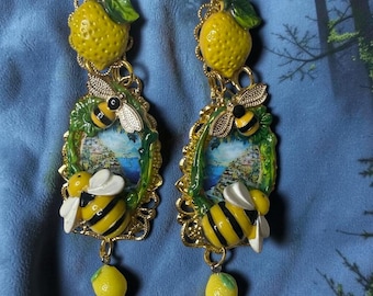 Sicilian Baroque  Taormina Bee Cameo Lemon Fruit Flower  Fancy Earrings