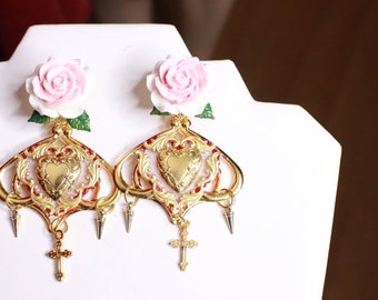 Baroque Rococo Virgin Mary Coin Sacred Heart Rose Crystal  Studs Earrings