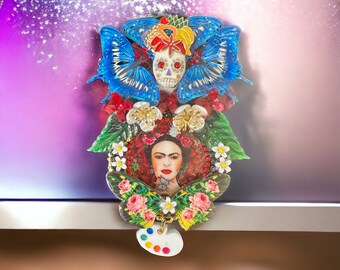 Broche Pintado A Mano Frida Kahlo Mariposa Brillante Scull Pin Enorme