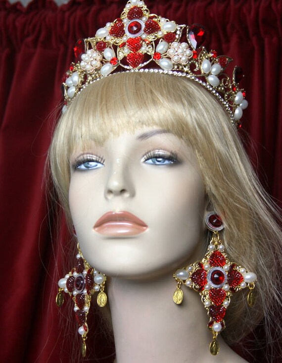 Baroque Rocooco Gold Filigree Cross Red Pearl Crystal Tiara  display picture 2