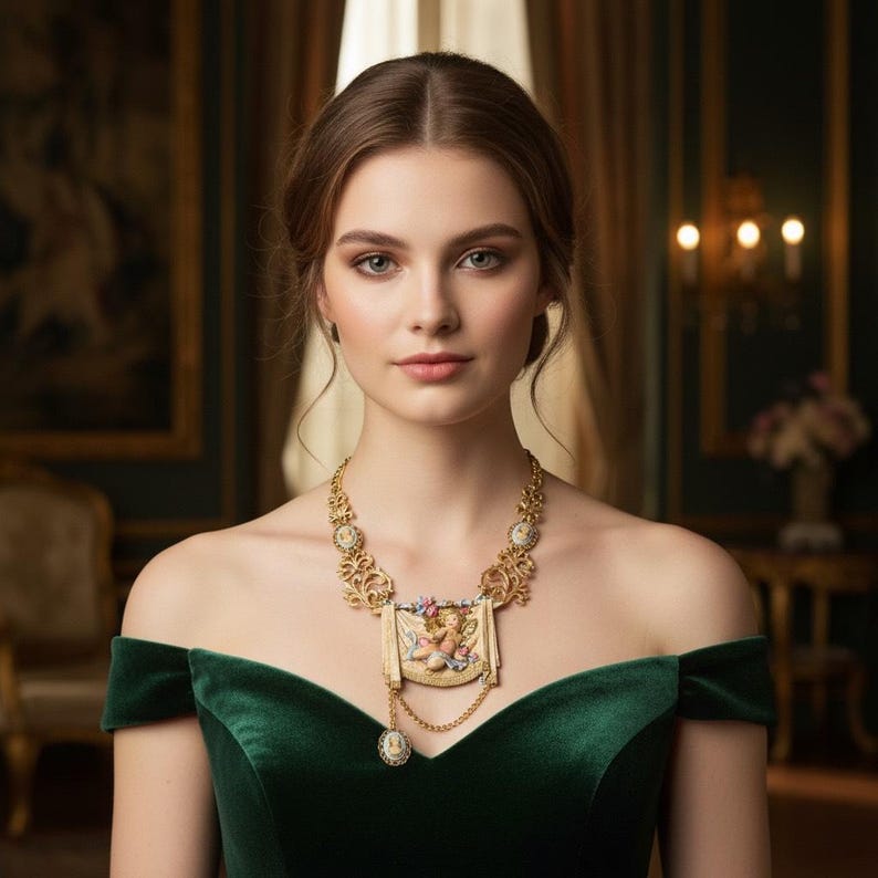 Peut inclure: Un collier dor&eacute; orn&eacute; d'un pendentif rectangulaire central repr&eacute;sentant un ch&eacute;rubin. Le collier pr&eacute;sente des d&eacute;tails floraux et des volutes. La femme porte une robe en velours vert. Le collier est une pi&egrave;ce de d&eacute;claration, avec un petit pendentif pendant.