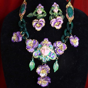 Art Jewelry Viola Goddess Flowers Hand Painted Unique Stunning   Necklace